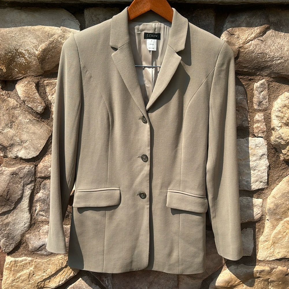 J Crew Wool Blazer Beige 3 Button Khaki Size 2 Long Sleeves Preppy Office